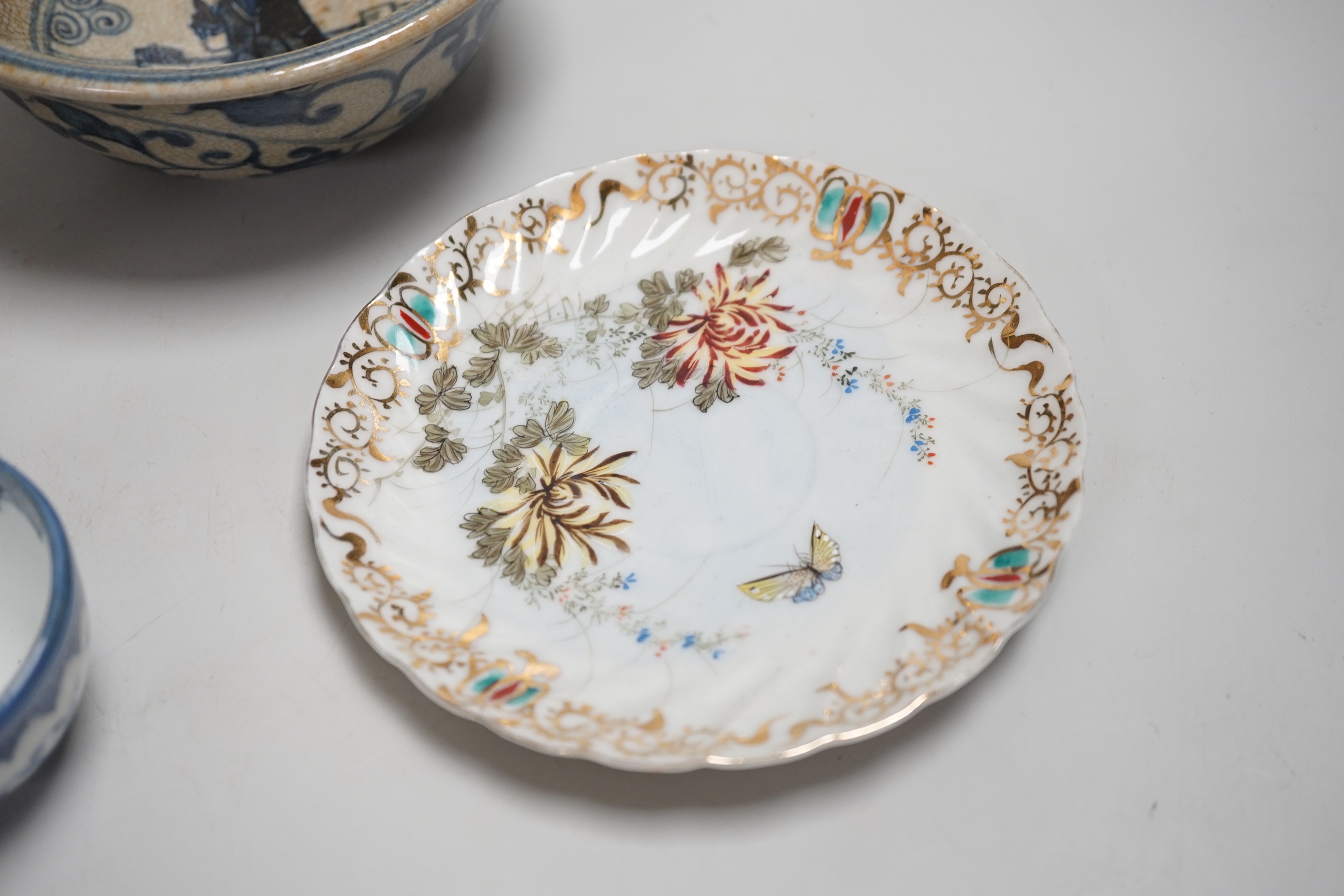 Chinese and Japanese ceramics including Canton cups and blue and white tea bowl, the largest 25cm high